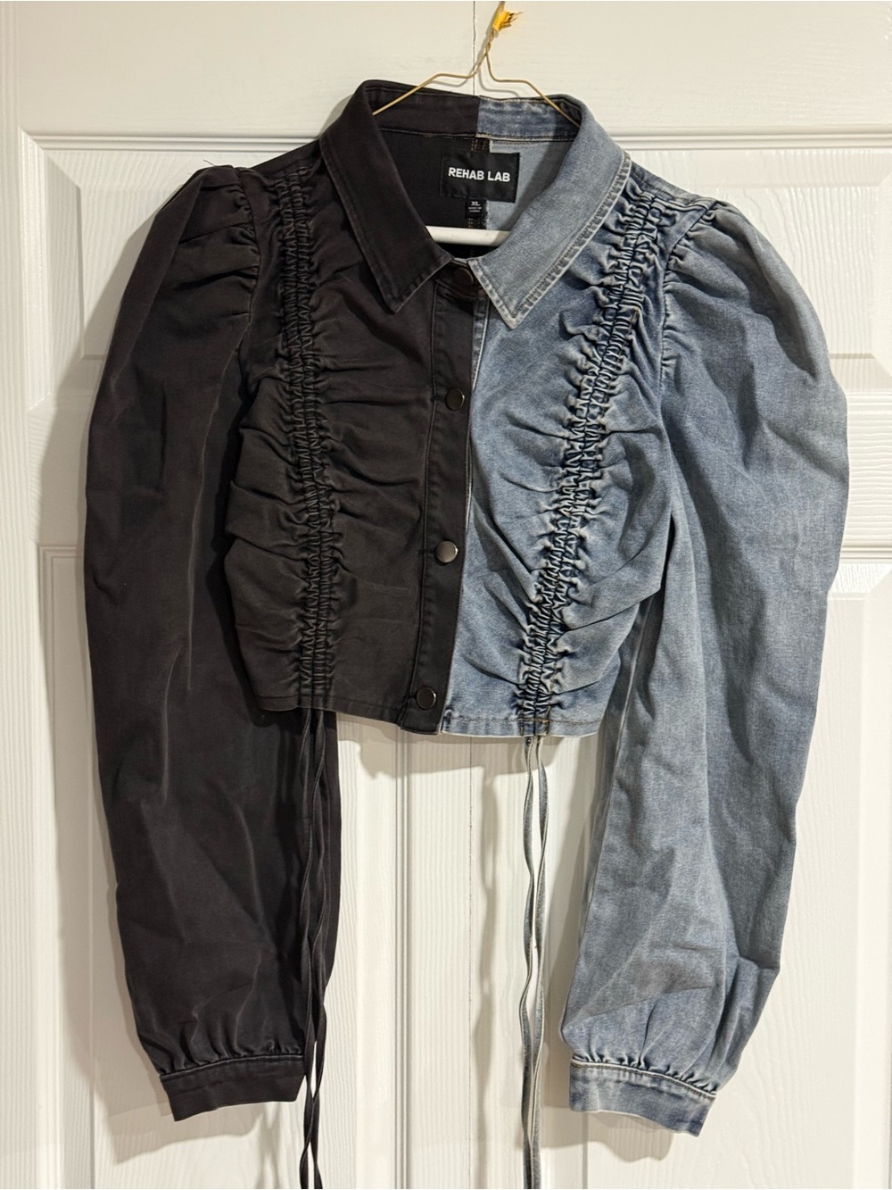 Rehab Two-Tone Black & Light Denim Ruched Cropped Jacket